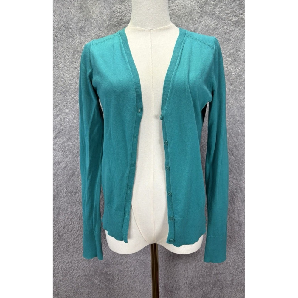 LOFT Womens Small Teal Cardigan Sweater 100% Cotton V Neck Button Front